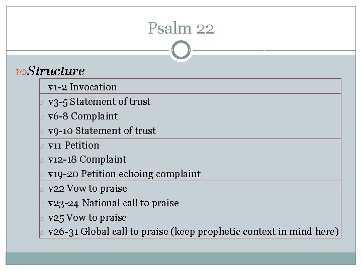 Psalm 22 Structure v 1 -2 Invocation v 3 -5 Statement of trust v Psalm 22 Structure v 1 -2 Invocation v 3 -5 Statement of trust v