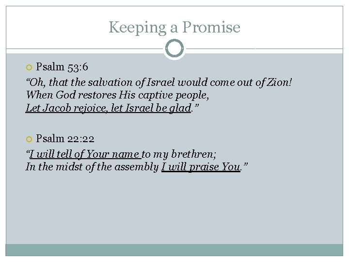 Keeping a Promise Psalm 53: 6 “Oh, that the salvation of Israel would come Keeping a Promise Psalm 53: 6 “Oh, that the salvation of Israel would come
