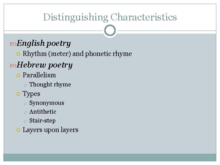 Distinguishing Characteristics English poetry Rhythm (meter) and phonetic rhyme Hebrew poetry Parallelism Thought rhyme Distinguishing Characteristics English poetry Rhythm (meter) and phonetic rhyme Hebrew poetry Parallelism Thought rhyme