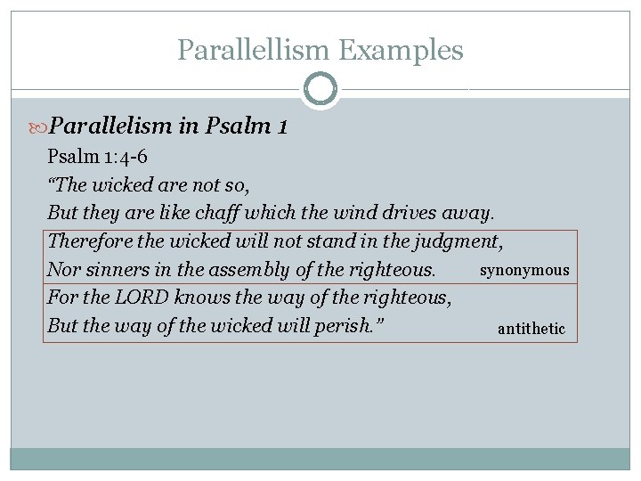 Parallellism Examples Parallelism in Psalm 1: 4 -6 “The wicked are not so, But Parallellism Examples Parallelism in Psalm 1: 4 -6 “The wicked are not so, But