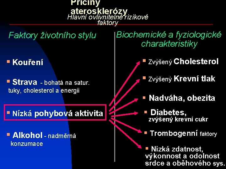 Příčiny aterosklerózy Hlavní ovlivnitelné rizikové faktory Faktory životního stylu Biochemické a fyziologické charakteristiky §