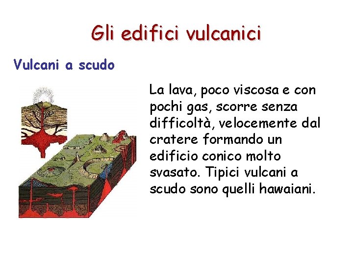 Gli edifici vulcanici Vulcani a scudo La lava, poco viscosa e con pochi gas,