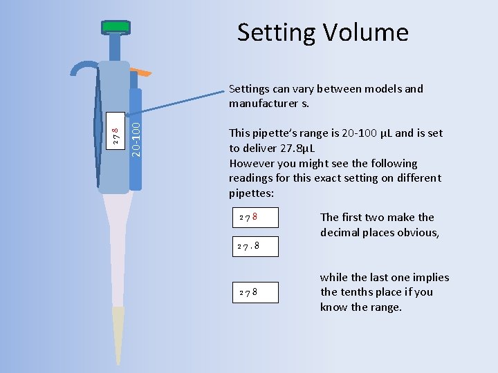 Setting Volume 20 -100 278 Settings can vary between models and manufacturer s. This