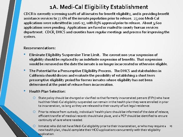 1 A. Medi-Cal Eligibility Establishment CDCR is currently screening 100% of all inmates for
