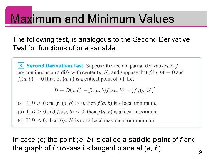 Maximum and Minimum Values The following test, is analogous to the Second Derivative Test