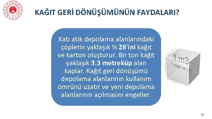 KAĞIT GERİ DÖNÜŞÜMÜNÜN FAYDALARI? Katı atık depolama alanlarındaki çöplerin yaklaşık % 28'ini kağıt ve