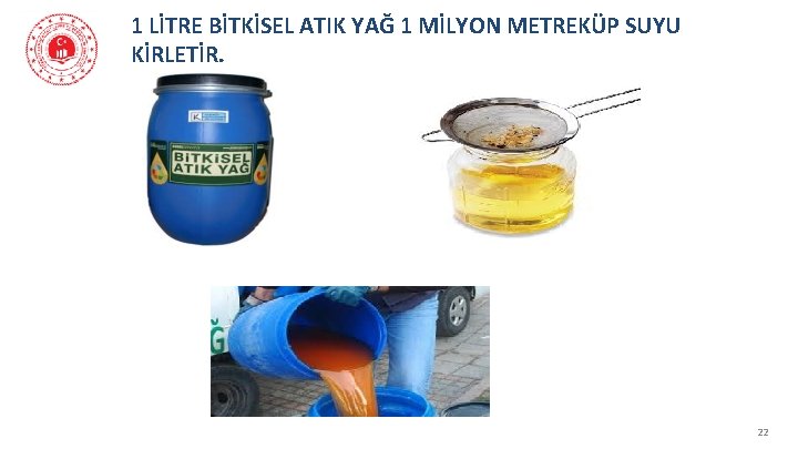 1 LİTRE BİTKİSEL ATIK YAĞ 1 MİLYON METREKÜP SUYU KİRLETİR. 22 