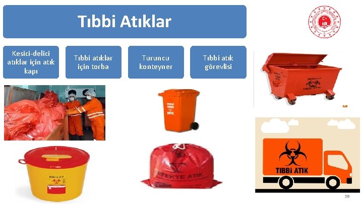Tıbbi Atıklar Kesici-delici atıklar için atık kapı Tıbbi atıklar için torba Turuncu konteyner Tıbbi