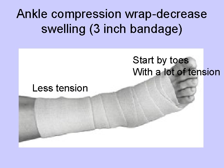 Ankle compression wrap-decrease swelling (3 inch bandage) Start by toes With a lot of