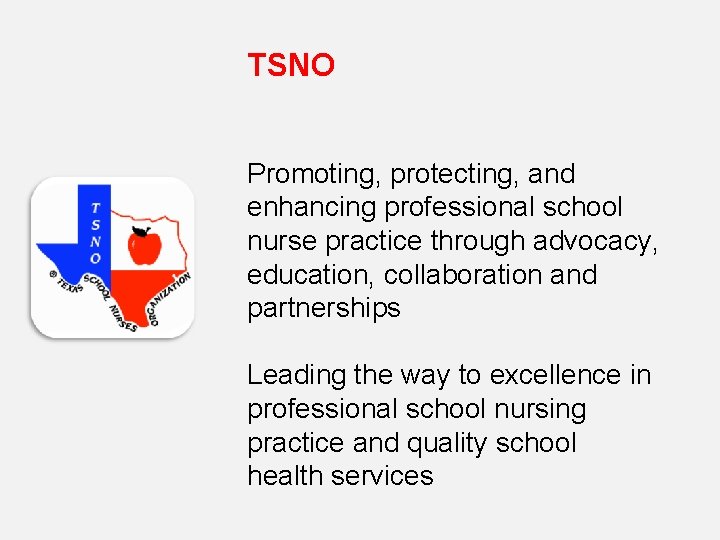 TSNO Promoting, protecting, and enhancing professional school nurse practice through advocacy, education, collaboration and
