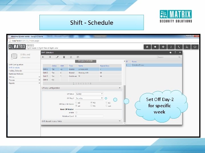 Shift - Schedule Set Off Day-2 for specific week 