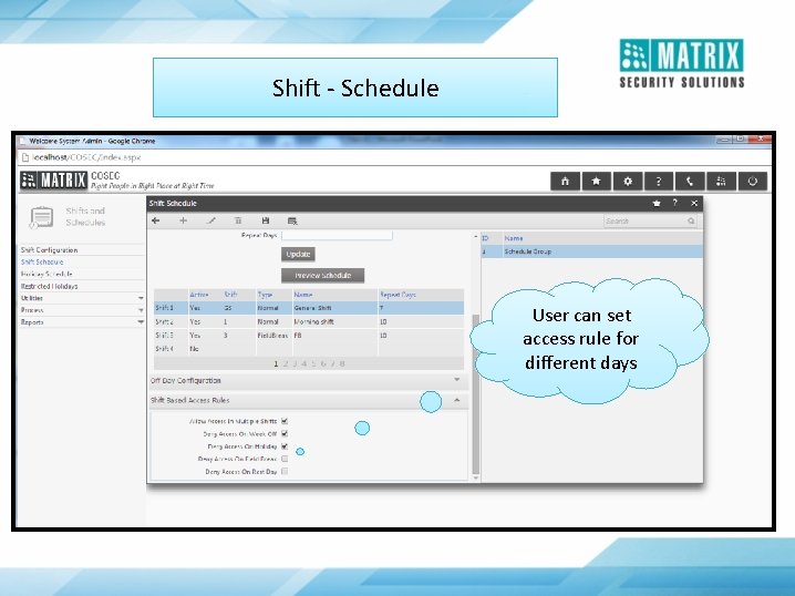 Shift - Schedule User can set access rule for different days 