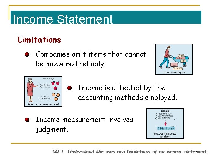 Income Statement Limitations Companies omit items that cannot be measured reliably. Income is affected Income Statement Limitations Companies omit items that cannot be measured reliably. Income is affected
