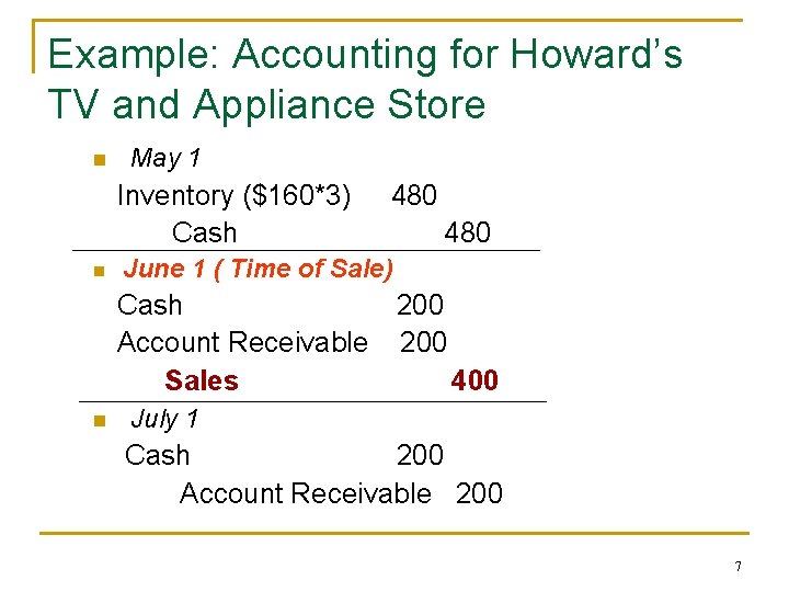 Example: Accounting for Howard’s TV and Appliance Store n May 1 Inventory ($160*3) Cash Example: Accounting for Howard’s TV and Appliance Store n May 1 Inventory ($160*3) Cash