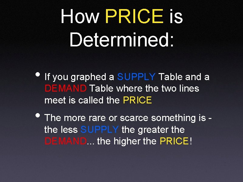 How PRICE is Determined: • If you graphed a SUPPLY Table and a DEMAND