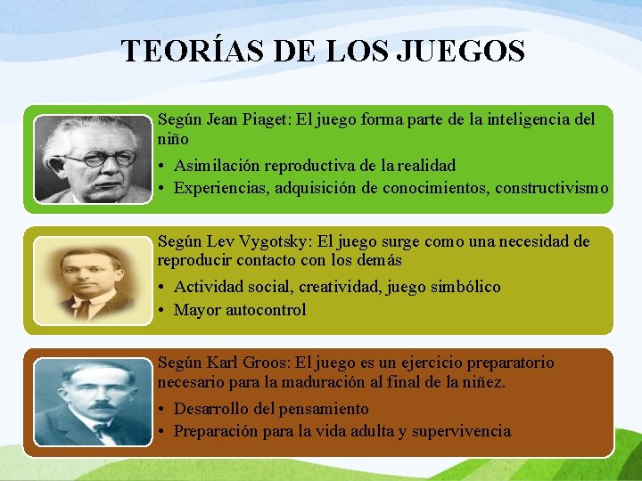 TEORÍAS DE LOS JUEGOS Según Jean Piaget: El juego forma parte de la inteligencia