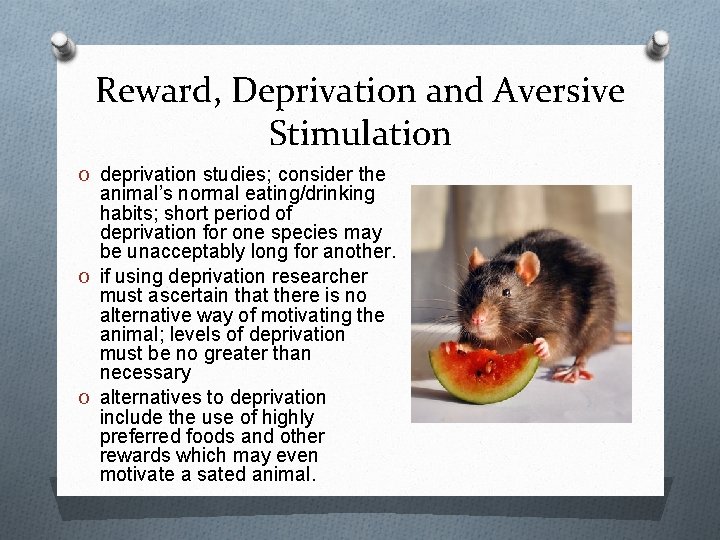 Reward, Deprivation and Aversive Stimulation O deprivation studies; consider the animal’s normal eating/drinking habits; Reward, Deprivation and Aversive Stimulation O deprivation studies; consider the animal’s normal eating/drinking habits;