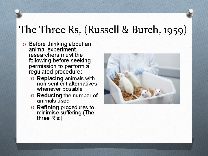 The Three Rs, (Russell & Burch, 1959) O Before thinking about an animal experiment, The Three Rs, (Russell & Burch, 1959) O Before thinking about an animal experiment,