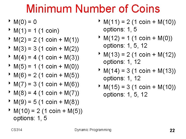 Minimum Number of Coins 8 M(0) = 0 8 M(1) = 1 (1 coin) Minimum Number of Coins 8 M(0) = 0 8 M(1) = 1 (1 coin)