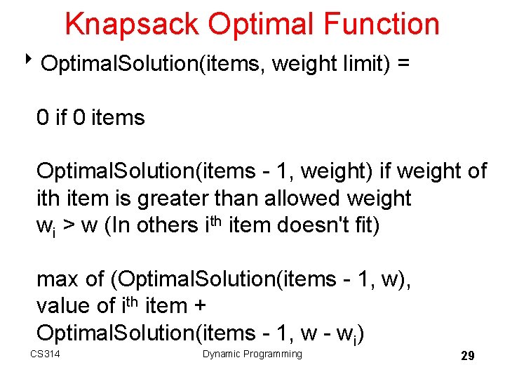 Knapsack Optimal Function 8 Optimal. Solution(items, weight limit) = 0 if 0 items Optimal. Knapsack Optimal Function 8 Optimal. Solution(items, weight limit) = 0 if 0 items Optimal.