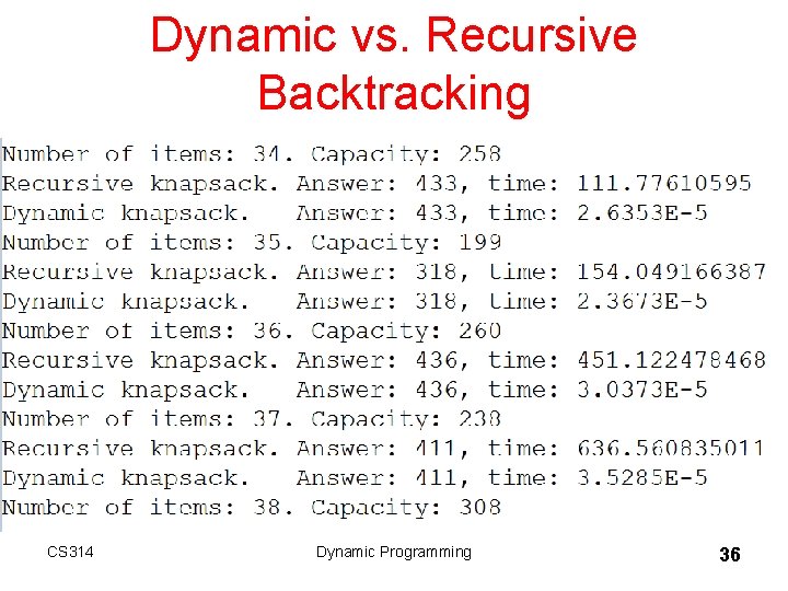 Dynamic vs. Recursive Backtracking CS 314 Dynamic Programming 36 Dynamic vs. Recursive Backtracking CS 314 Dynamic Programming 36