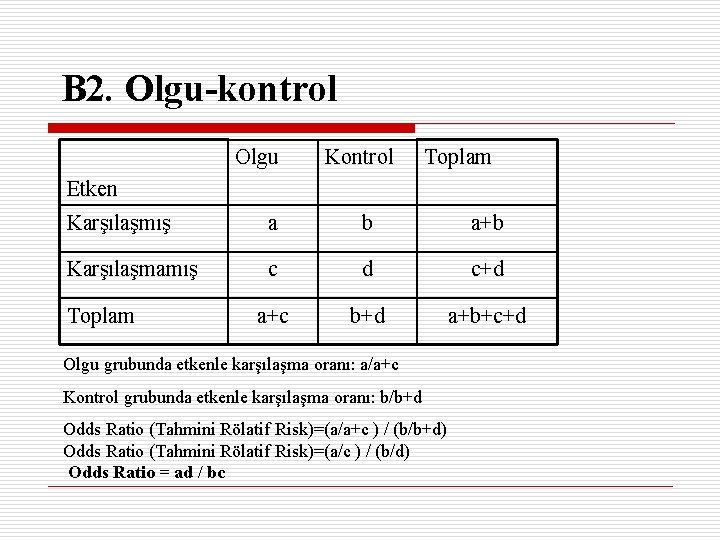 B 2. Olgu-kontrol Olgu Kontrol Toplam Etken Karşılaşmış a b a+b Karşılaşmamış c d