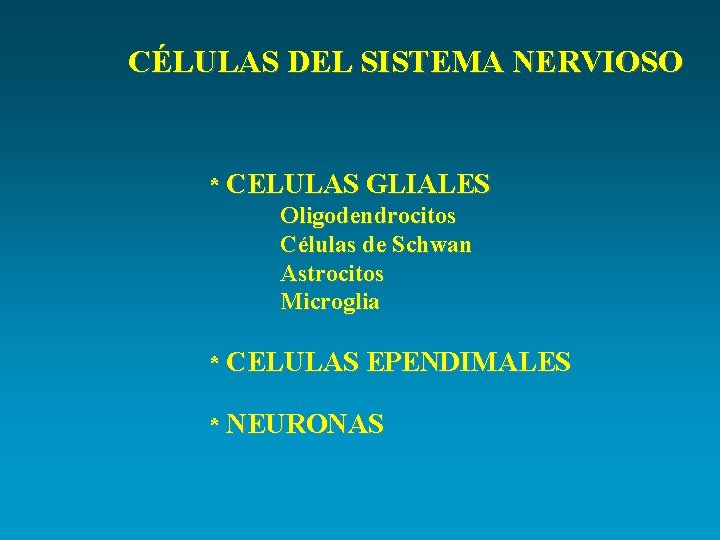 CÉLULAS DEL SISTEMA NERVIOSO * CELULAS GLIALES Oligodendrocitos Células de Schwan Astrocitos Microglia *