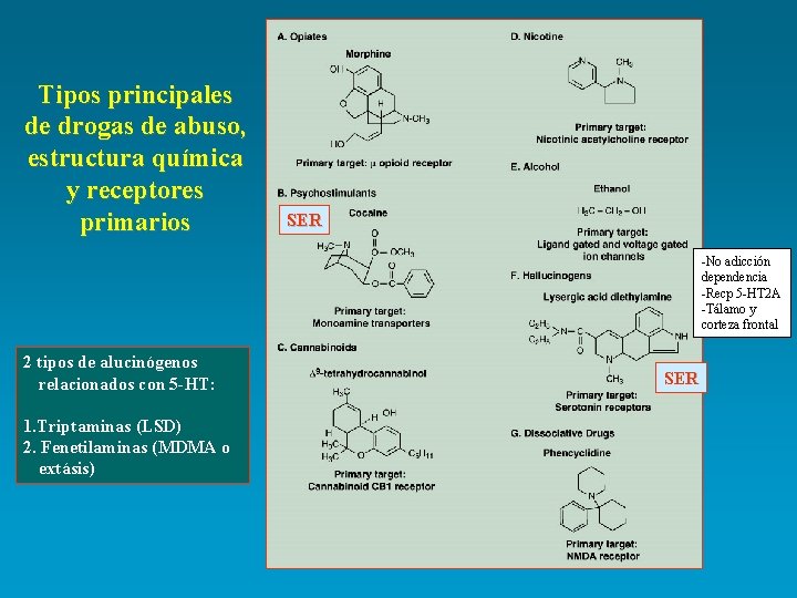 Tipos principales de drogas de abuso, estructura química y receptores primarios SER -No adicción