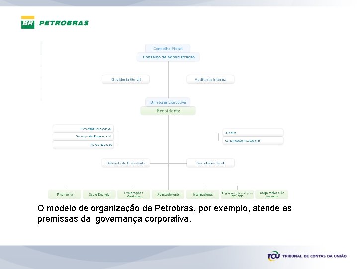 O modelo de organização da Petrobras, por exemplo, atende as premissas da governança corporativa.