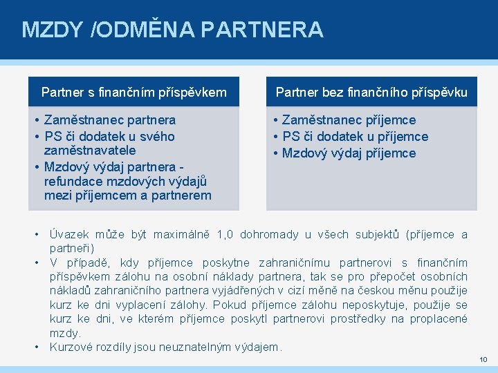 MZDY /ODMĚNA PARTNERA Partner s finančním příspěvkem • Zaměstnanec partnera • PS či dodatek
