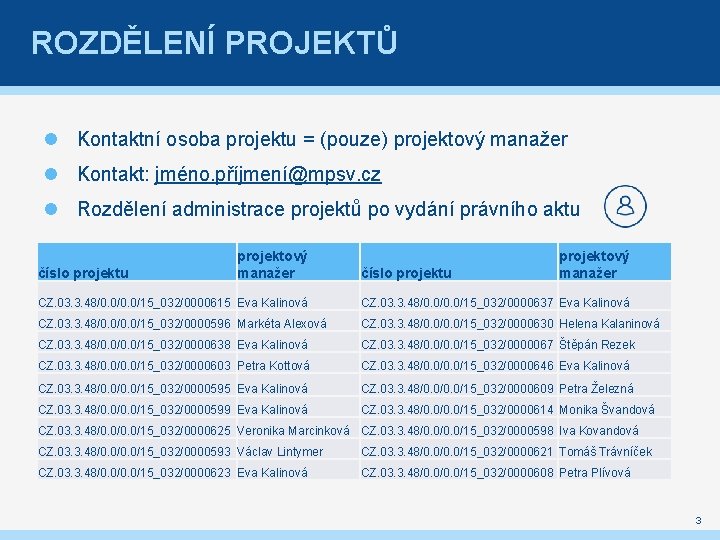 ROZDĚLENÍ PROJEKTŮ Kontaktní osoba projektu = (pouze) projektový manažer Kontakt: jméno. příjmení@mpsv. cz Rozdělení