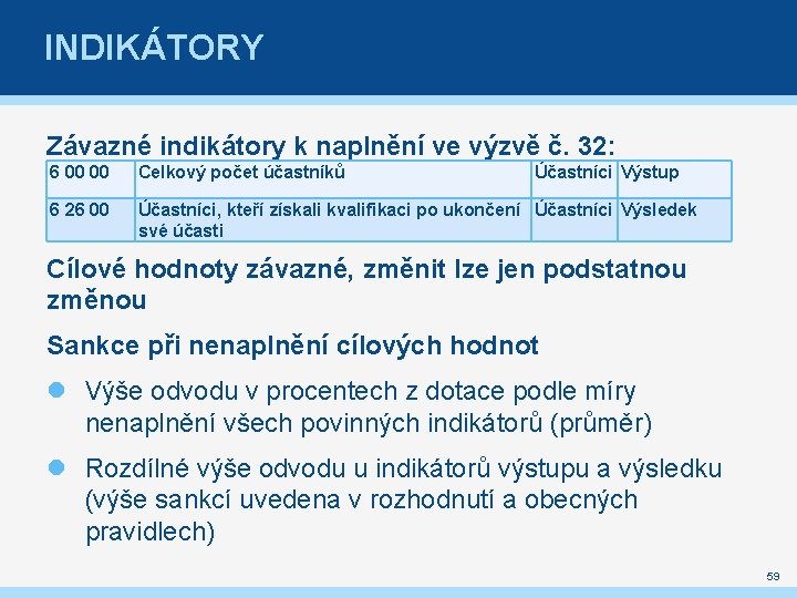 INDIKÁTORY Závazné indikátory k naplnění ve výzvě č. 32: 6 00 00 Celkový počet