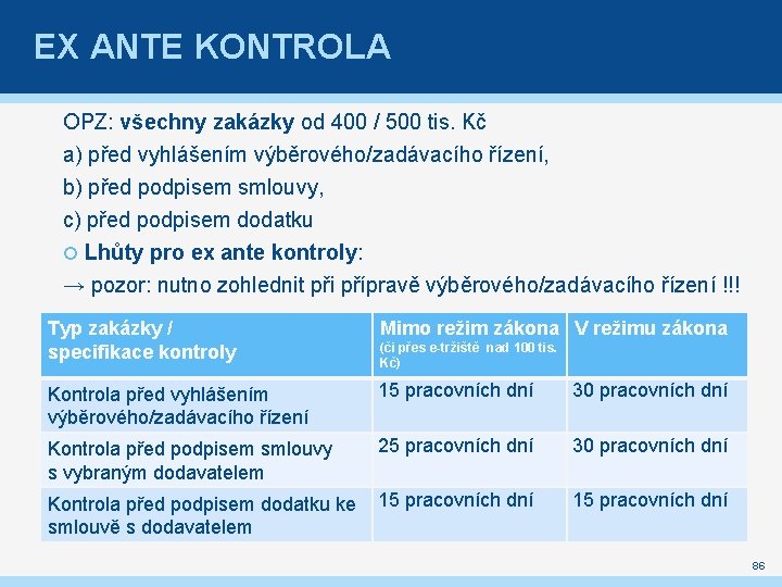 EX ANTE KONTROLA OPZ: všechny zakázky od 400 / 500 tis. Kč a) před