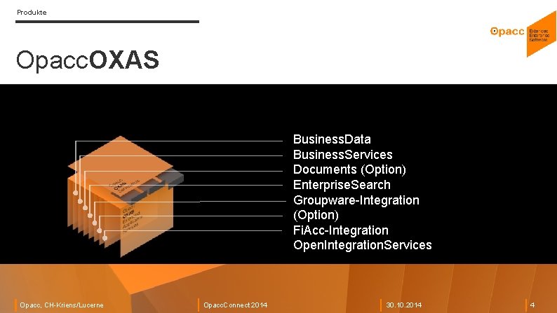 Produkte Opacc. OXAS Business. Data Business. Services Documents (Option) Enterprise. Search Groupware-Integration (Option) Fi.