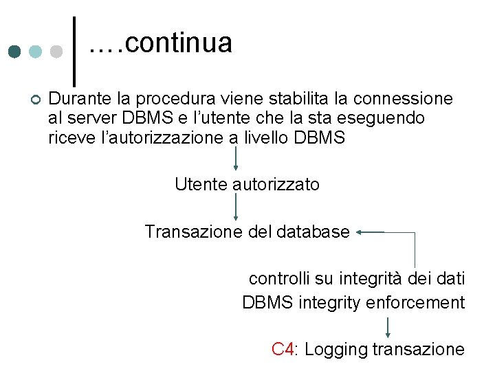 …. continua ¢ Durante la procedura viene stabilita la connessione al server DBMS e