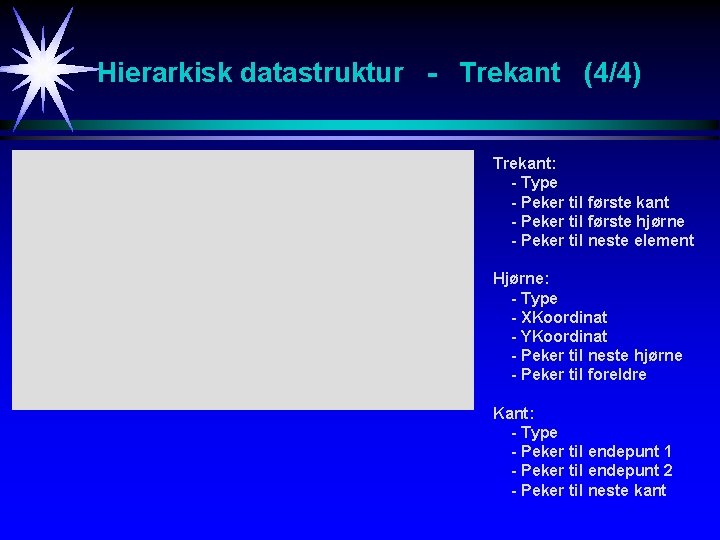 Hierarkisk datastruktur - Trekant (4/4) Trekant: - Type - Peker til første kant -