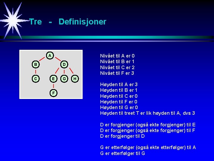 Tre - Definisjoner A B C Nivået til A er 0 Nivået til B