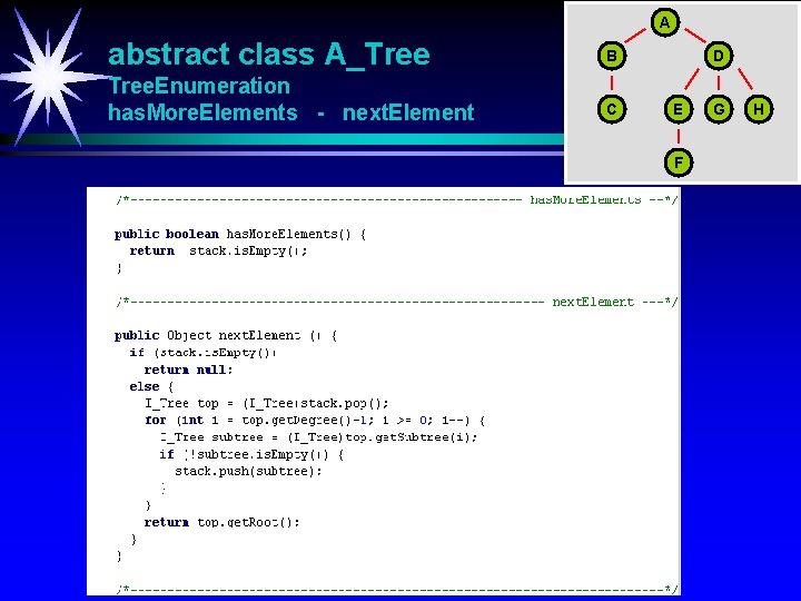 A abstract class A_Tree B Tree. Enumeration has. More. Elements - next. Element C