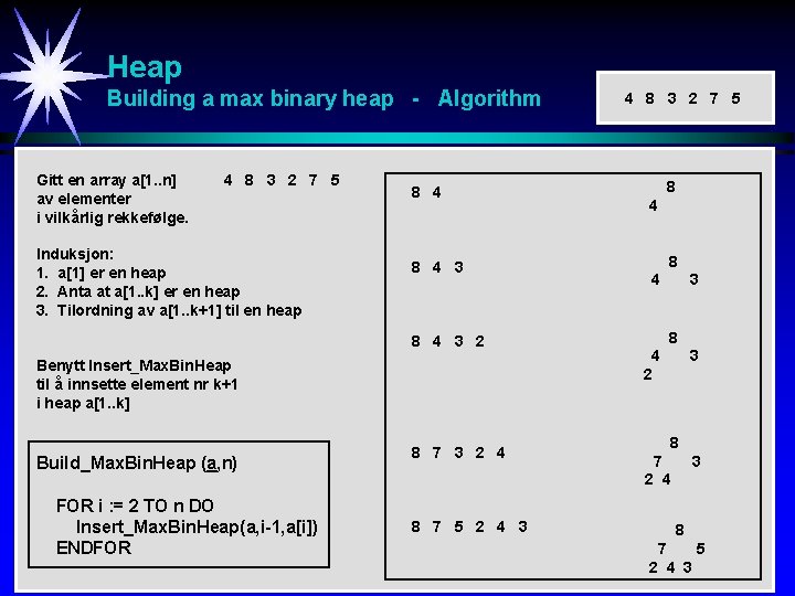 Heap Building a max binary heap - Algorithm Gitt en array a[1. . n]
