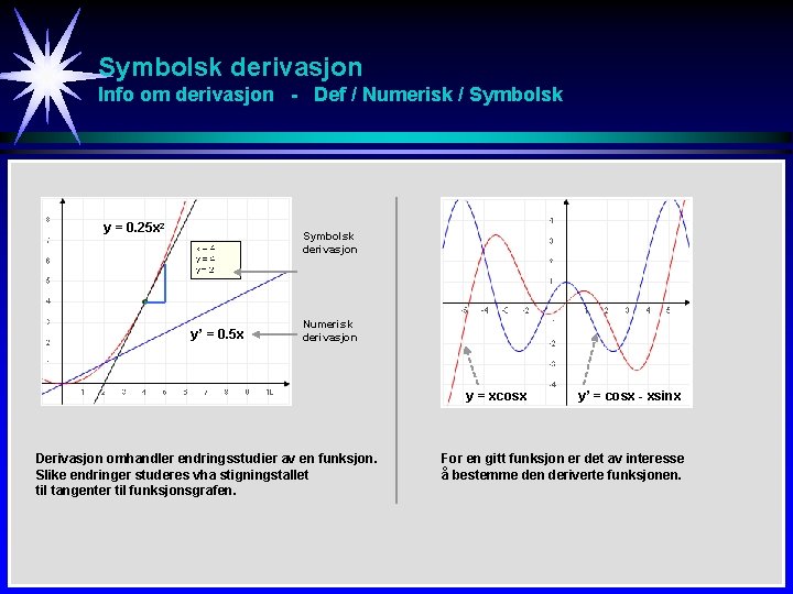 Symbolsk derivasjon Info om derivasjon - Def / Numerisk / Symbolsk y = 0.