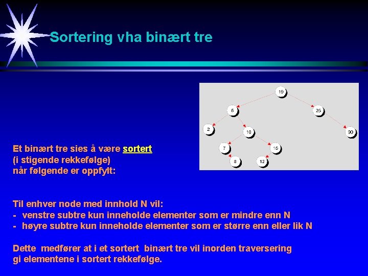 Sortering vha binært tre Et binært tre sies å være sortert (i stigende rekkefølge)