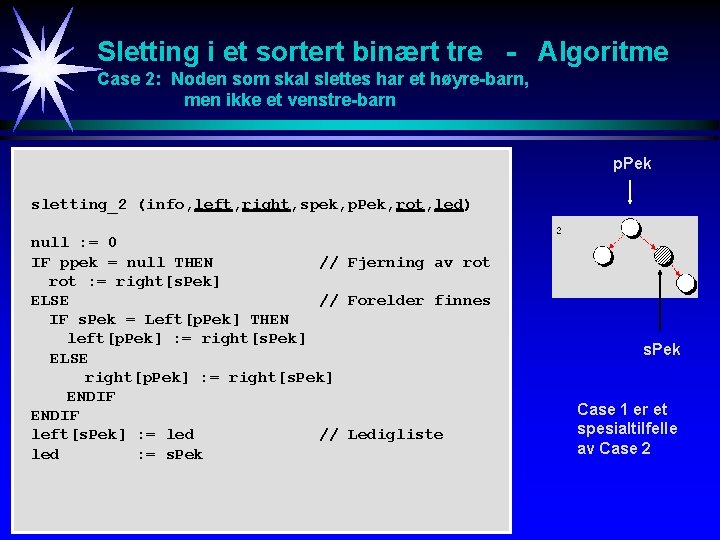 Sletting i et sortert binært tre - Algoritme Case 2: Noden som skal slettes