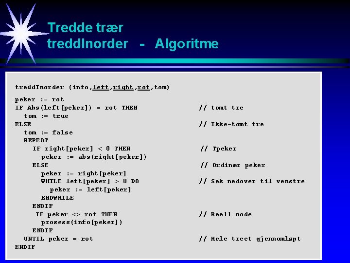 Tredde trær tredd. Inorder - Algoritme tredd. Inorder (info, left, right, rot, tom) peker