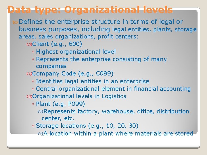 Data type: Organizational levels Defines the enterprise structure in terms of legal or business