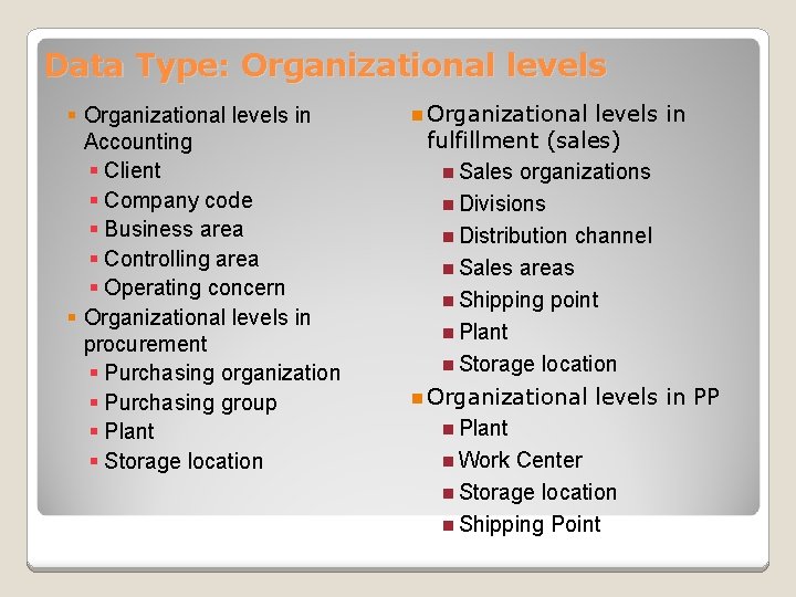 Data Type: Organizational levels § Organizational levels in Accounting § Client § Company code