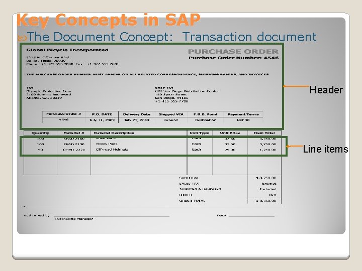 Key Concepts in SAP The Document Concept: Transaction document Header Line items 