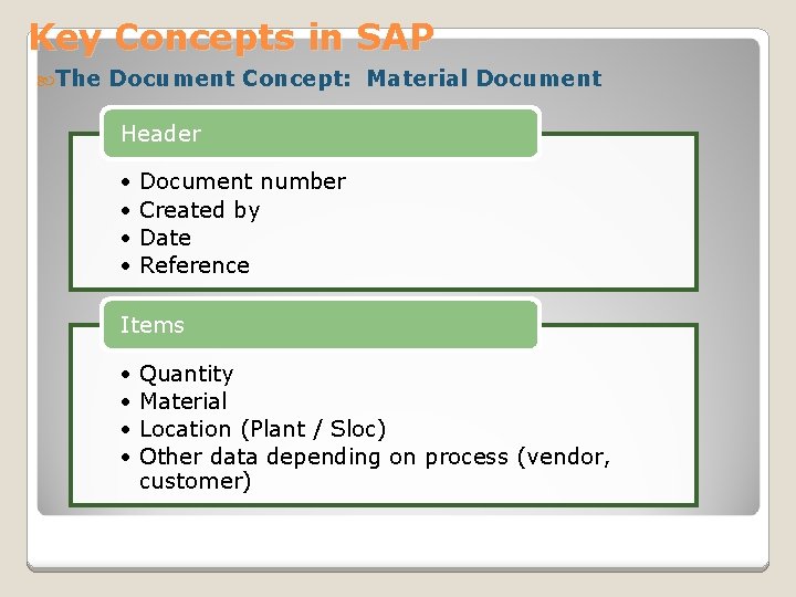 Key Concepts in SAP The Document Concept: Material Document Header • • Document number