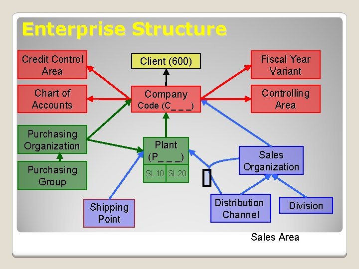 Enterprise Structure Credit Control Area Client (600) Fiscal Year Variant Chart of Accounts Company