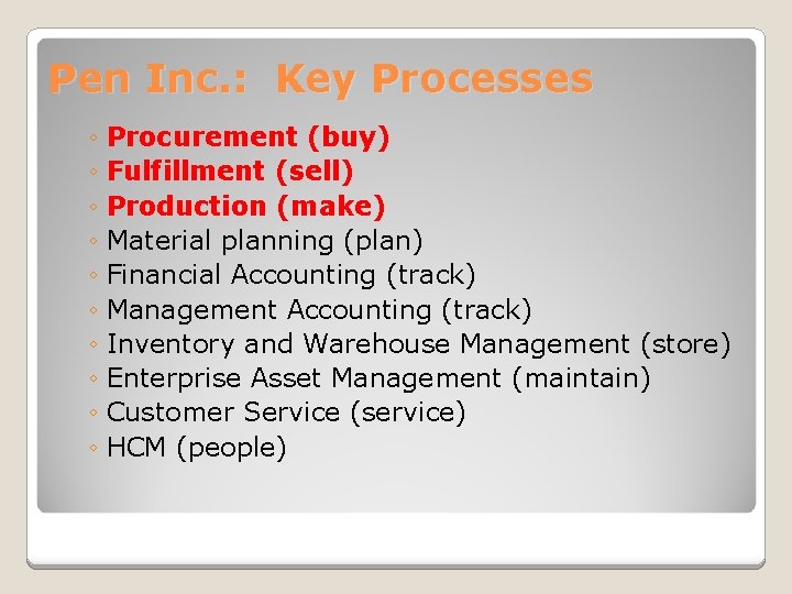 Pen Inc. : Key Processes ◦ Procurement (buy) ◦ Fulfillment (sell) ◦ Production (make)