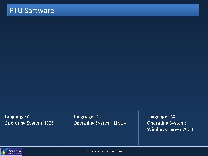 PTU Software Language: C Operating System: ISOS Language: C++ Operating System: LINUX WPSS Phase